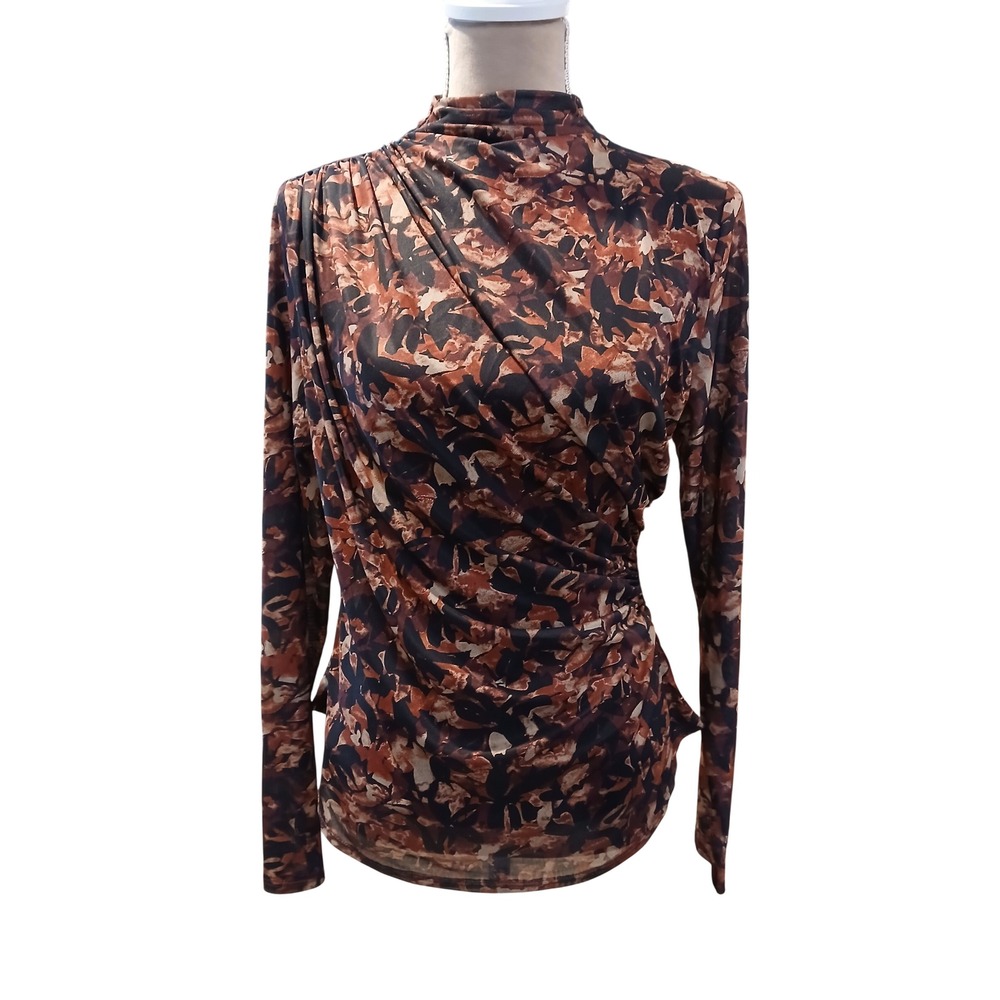 Abstract Print Ruched Mesh Mock Neck Long Sleeve Draped Large Dark Floral Fairy